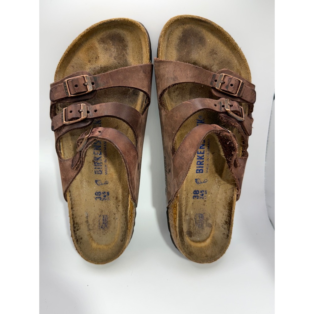 Birkenstock Florida Brown Leather Triple Strap Slide Sandals Women 38 L7 M5